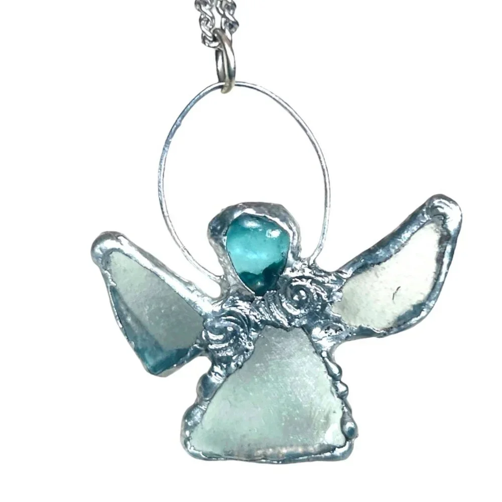 Sea Glass Angel Pendant Bezel Handcrafted with intricate Silver Blend Metalwork - Picture 7 of 12